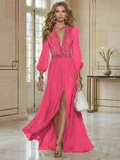 Elegant Beige Chiffon V-neck With Rhinestone Embellishments And A Side Slit Maxi Dress