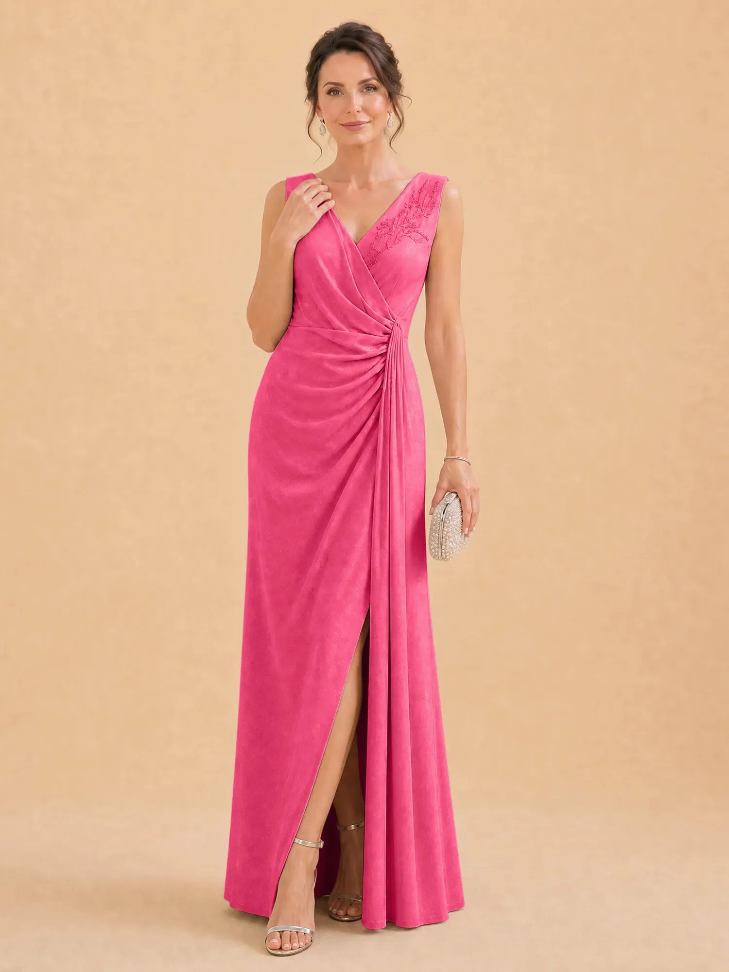 V-Neck Faux-Wrap Evening Gown with Side Draping Mother of The Bride Dresses