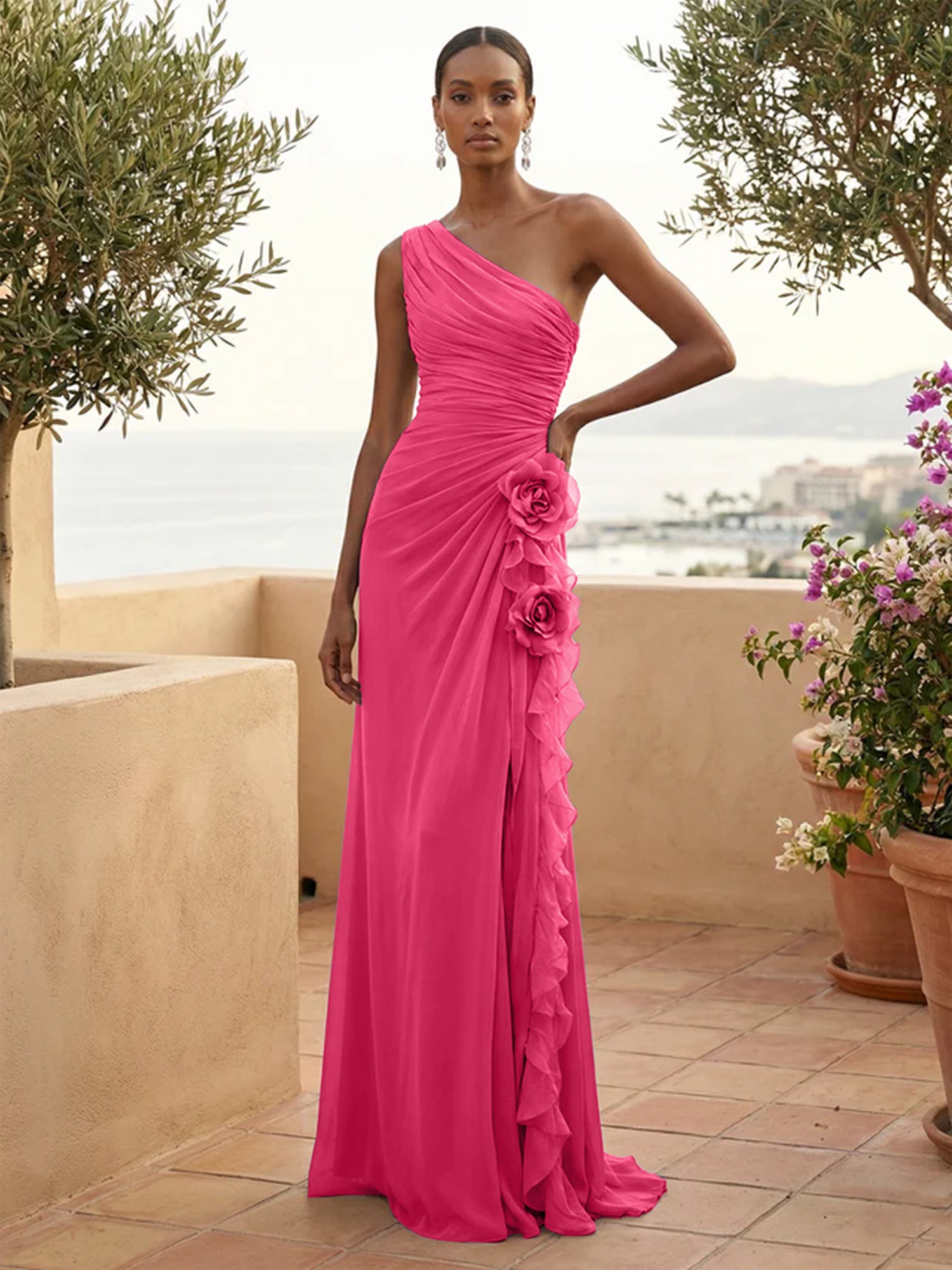 One Shoulder Pleat Mermaid A Line Ruffle Evening Dresses