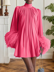 Blue Feather Ruched Chiffon Mock Neck Long Sleeve A-Line Mini Dress