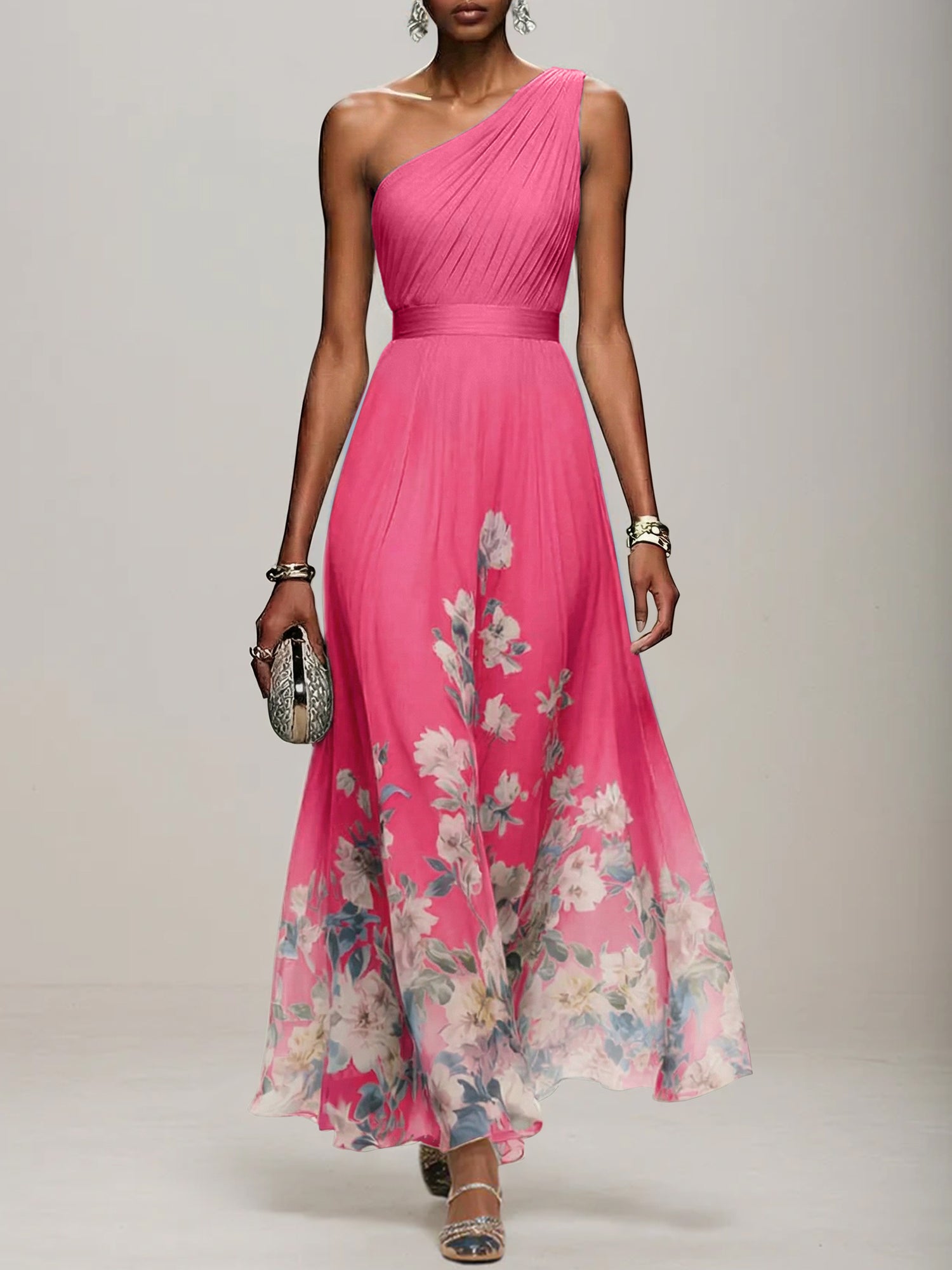 Light Blue Floral Chiffon One Shoulder Sleeveless A-Line Maxi Dress Gown