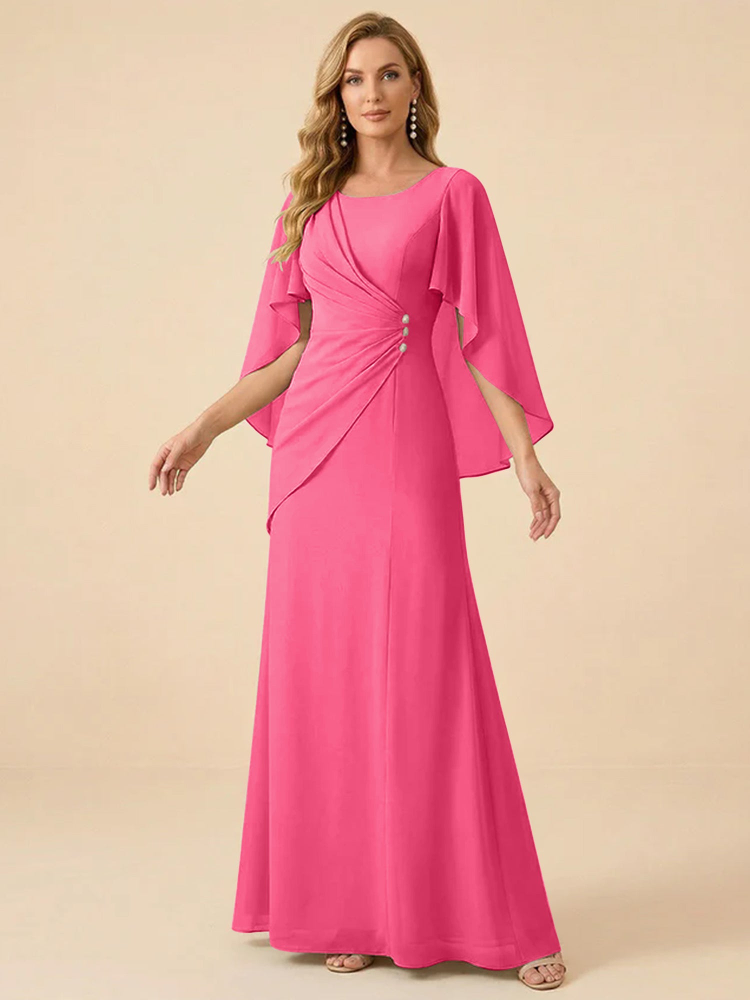 Sage Green Chiffon Beaded Mother of the Bride Dress with Cape Sleeves