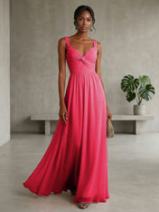Elegant Soft Blush Twist-Front Chiffon Maxi Gown