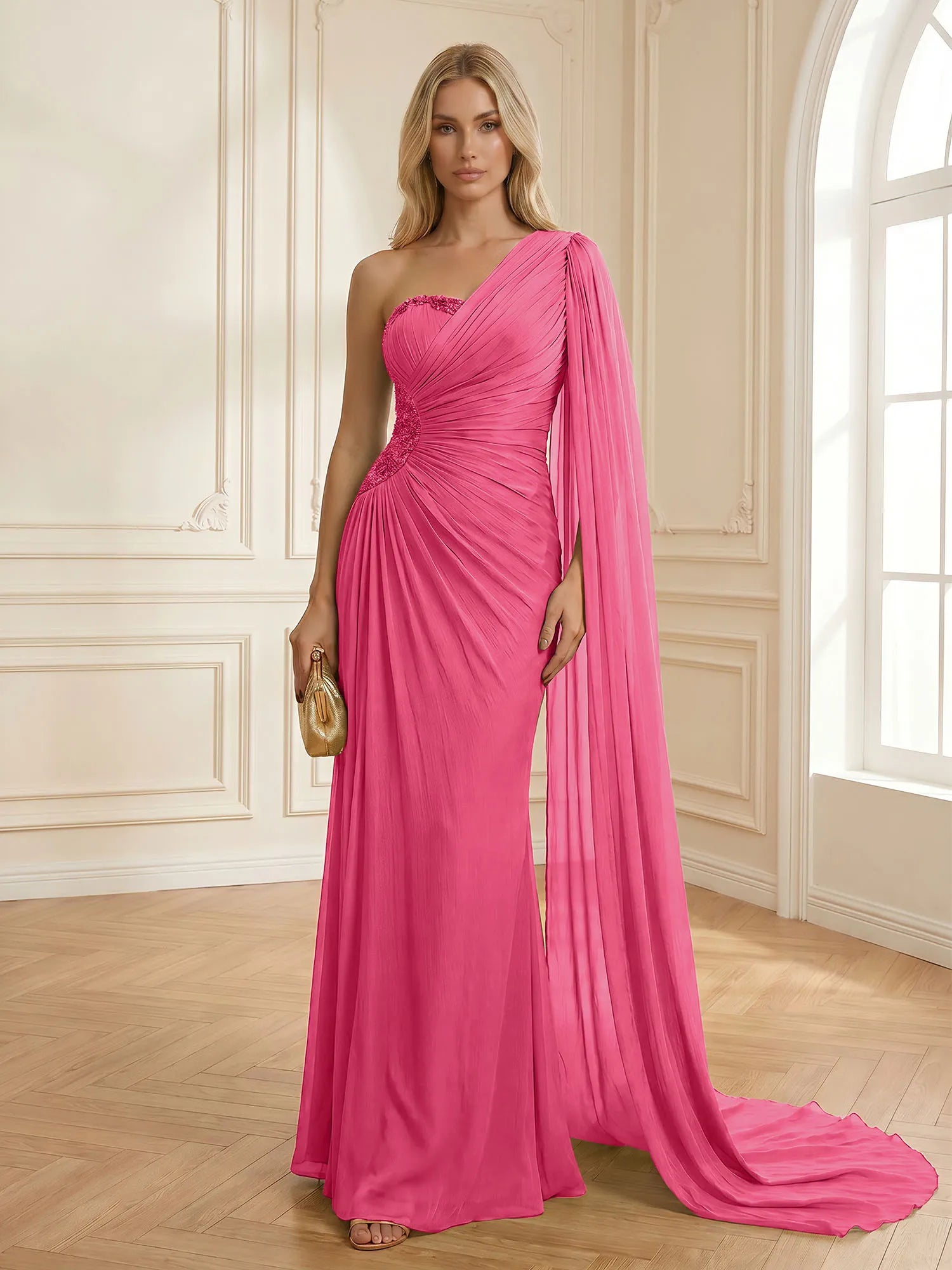 Sage Green One Shoulder Beaded Evening Gown with Cape Sleeve