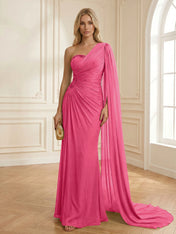 Sage Green One Shoulder Beaded Evening Gown with Cape Sleeve