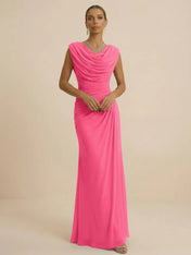 Dusty Grey Draped Cowl Neck Ruched Chiffon Evening Dresses