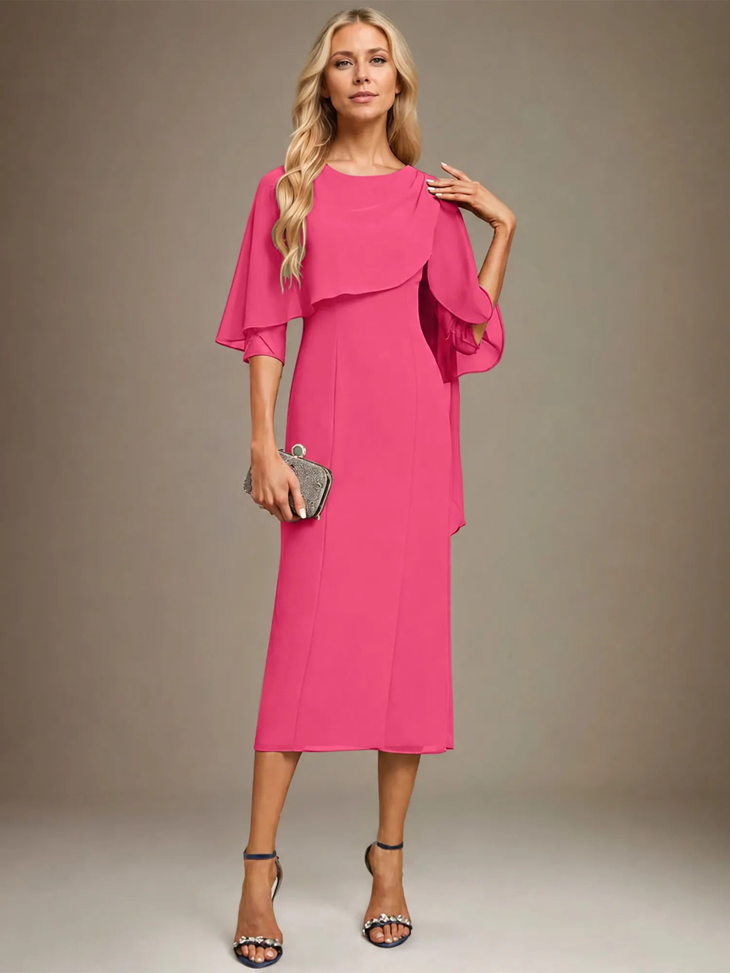 Column Scoop Tea Length Chiffon Dress With Pleated Beading