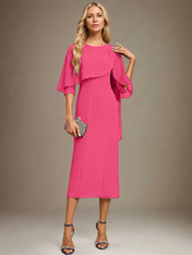 Sheath/Column Scoop Tea Length Chiffon Dress With Pleated Beading