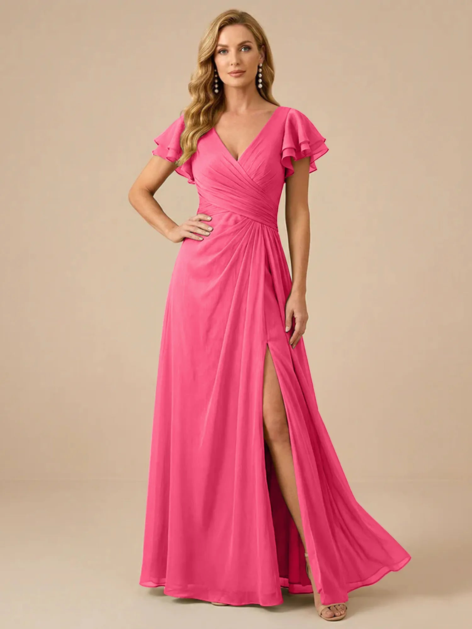 Sage Green V-Neck High-Slit Pleated Chiffon Dress