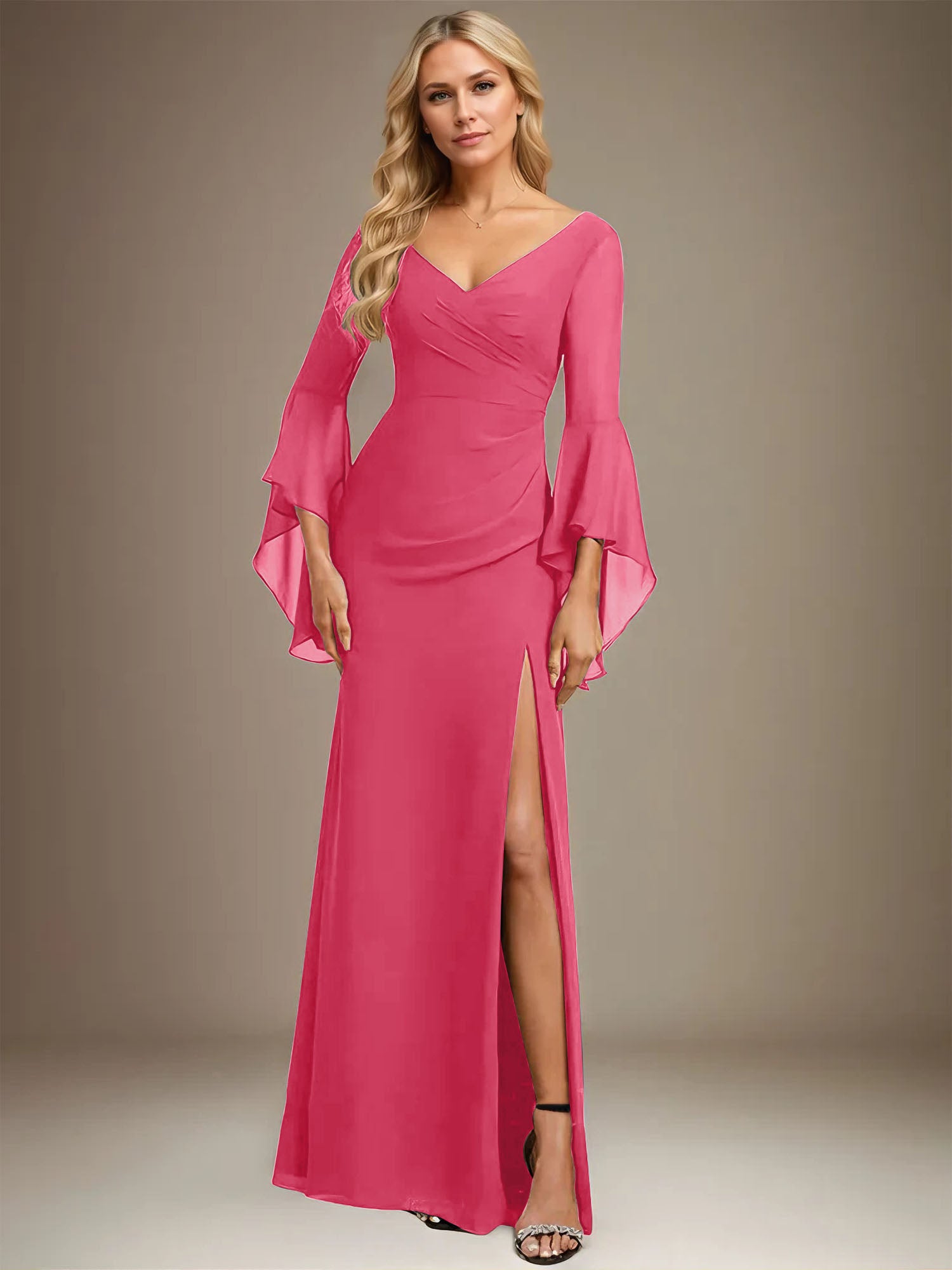 Column V-Neck Floor-Length Chiffon Dress With Pleated