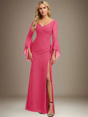 Sheath/Column V-Neck Floor-Length Chiffon Dress With Pleated
