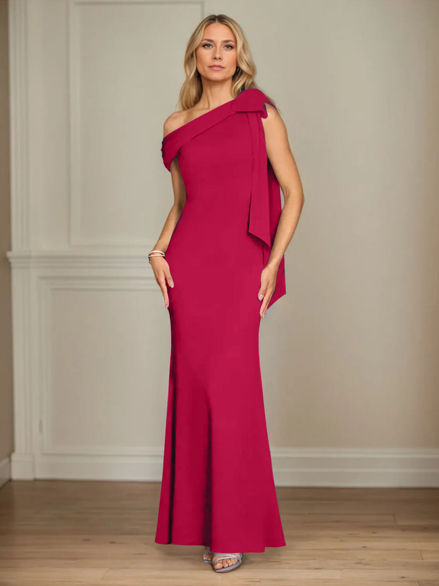 Mermaid One Shoulder Sleeveless Stretch Crepe Mother of the Bride Dress With Bow