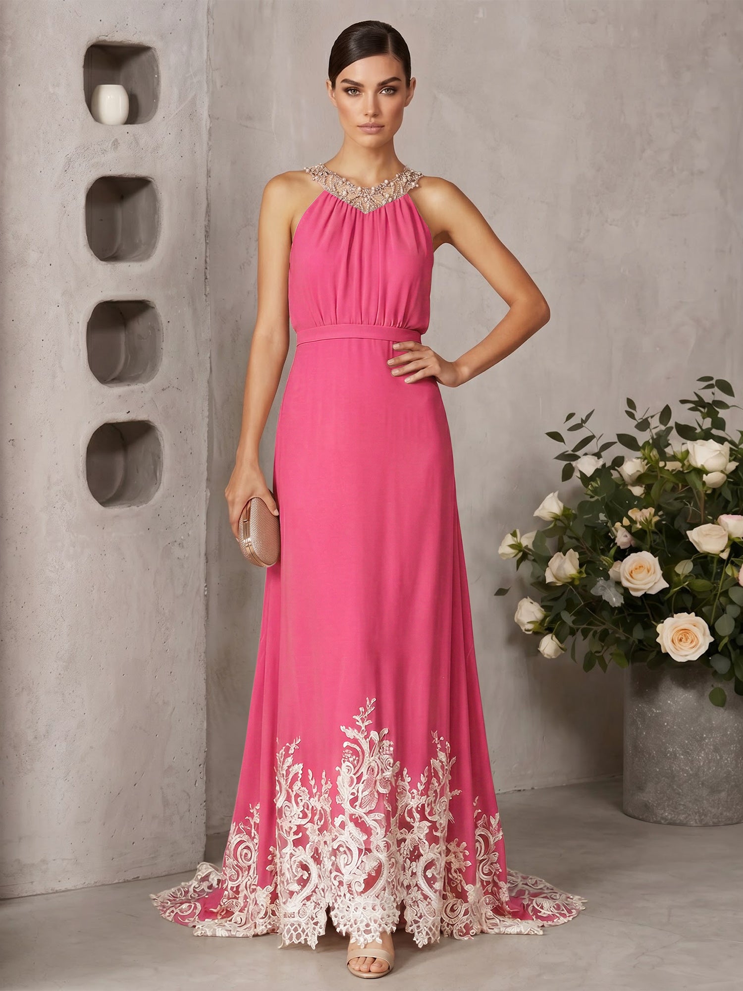 Pink Beaded Ruched Chiffon Halter Sleeveless A-Line Gown Maxi Dress