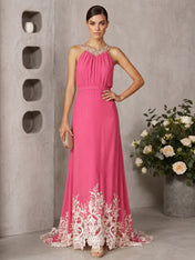 Pink Beaded Ruched Chiffon Halter Sleeveless A-Line Gown Maxi Dress