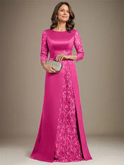 A-Line Scoop Floor-Length Lace Satin Mother Of the Bride Dress With Applique