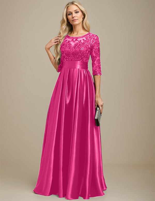 A-line Scoop Illusion Floor-Length Stretch Satin Lace Mother of the Bride Dress With Bow Sequins