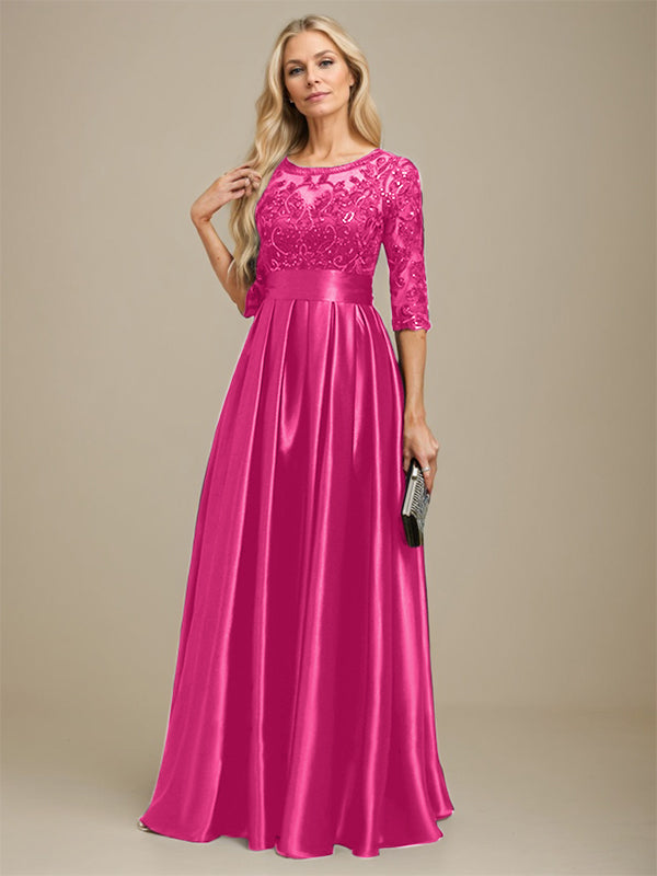 A-line Scoop Illusion Floor-Length Stretch Satin Lace Mother of the Bride Dress With Bow Sequins
