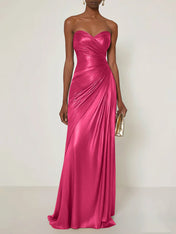 Evening Formal Dress V Neck Silver Silk Ruffles Strapless Maxi Dress