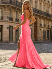 Yellow Beaded Halter Corset Prom Dress with High Slit