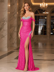 Dark Red Crystal Off-the-Shoulder Corset Prom Dress with Slit