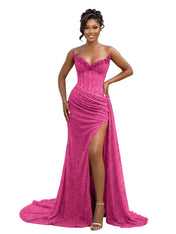 Gold Strapless Beading-Embellished Corset Prom Dress with Slit