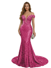 Sparkly Off The Shoulder Sequin Long Mermaid Corset Prom Dresses