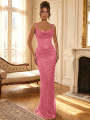 Sparkly Blue Shimmer Cowl Neck Corset Prom Dress