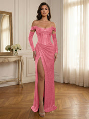 Silver Sequin Off-the-Shoulder Long Sleeves Corset Prom Dress with Slit