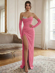 Blue Beaded Corset Long Prom Dress with Matching Gloves