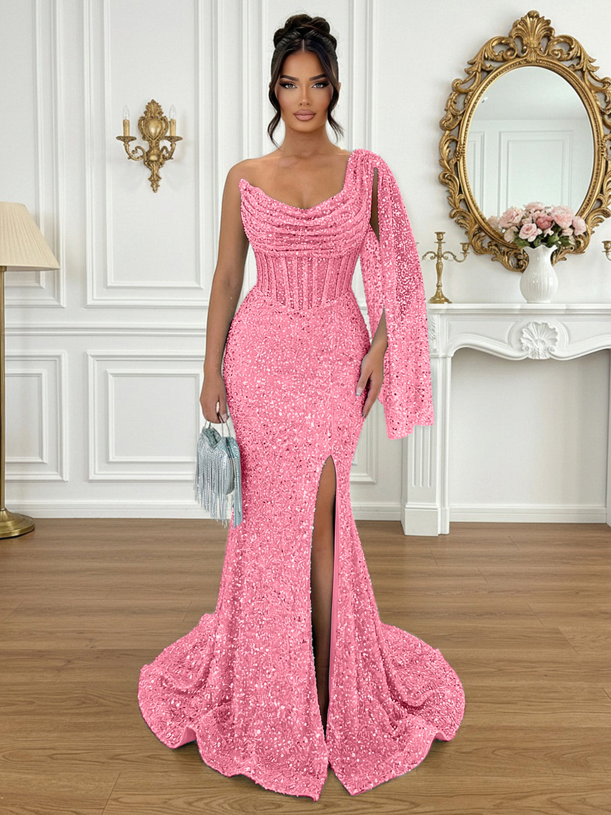 Glamorous Ice Blue One-Shoulder Sequin Corset Mermaid Prom Dresses with Slit