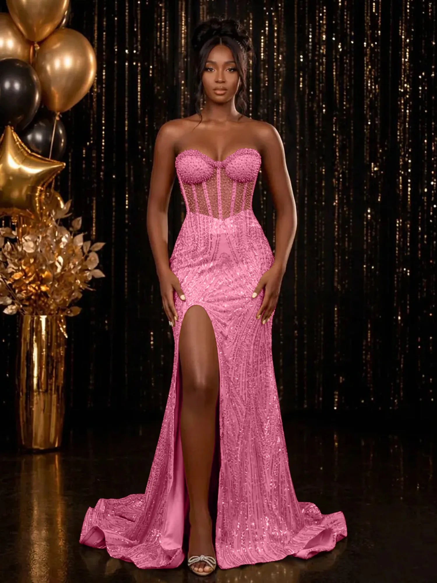 Strapless Sequin-Embellished Mermaid Prom Dress