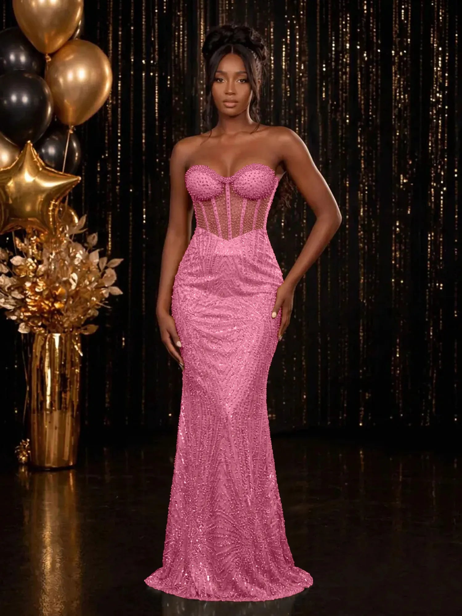 Strapless Sequin-Accented Mermaid Prom Dress with High Slit