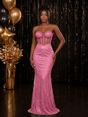 Strapless Sequin-Accented Mermaid Prom Dress with High Slit