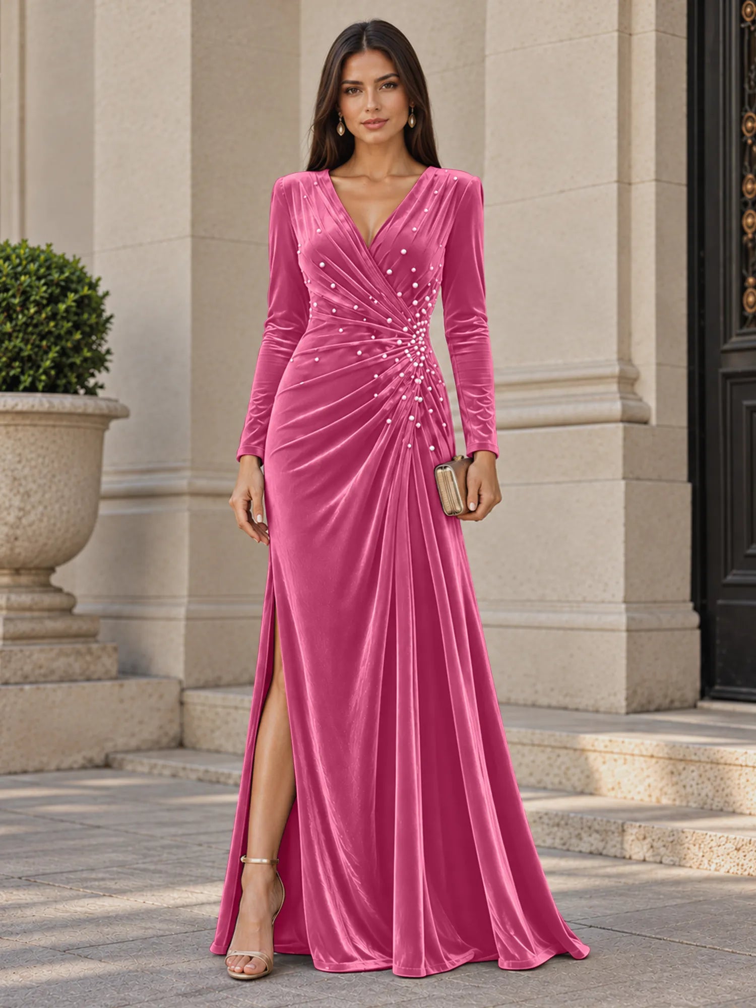 V-Neck Pearl Ruched Burgundy Velvet Floor-Length Evening Dresses with Long Sleeves