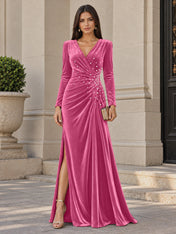 V-Neck Pearl Ruched Burgundy Velvet Floor-Length Evening Dresses with Long Sleeves
