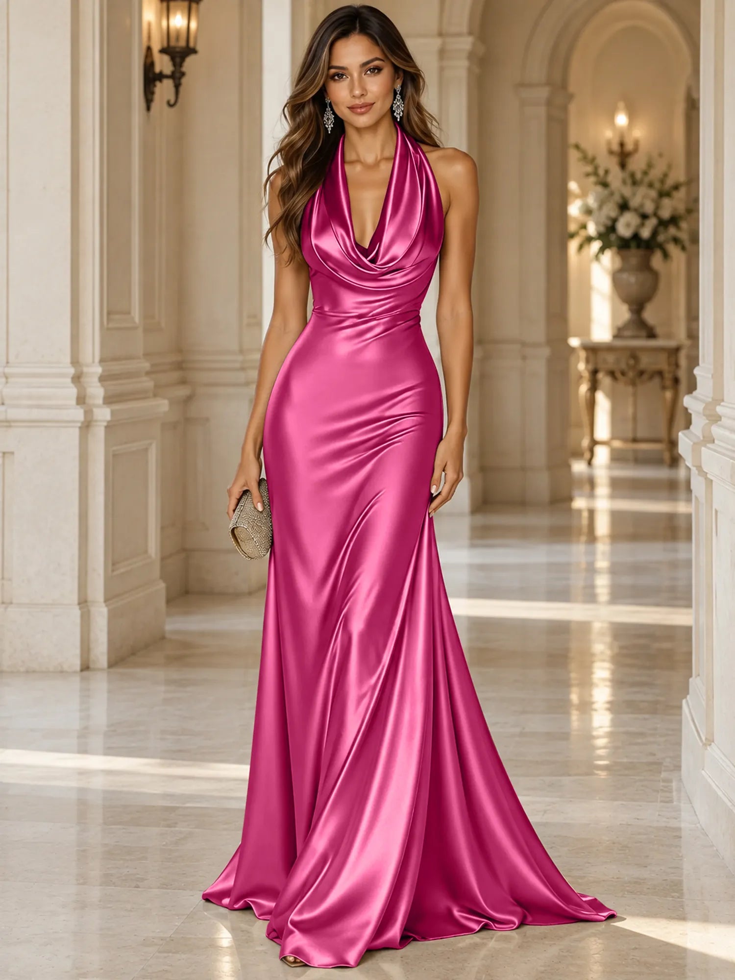 Elegant and Luxurious Cowl-neck Champagne Gold Satin Maxi Dress
