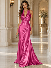 Elegant and Luxurious Cowl-neck Champagne Gold Satin Maxi Dress