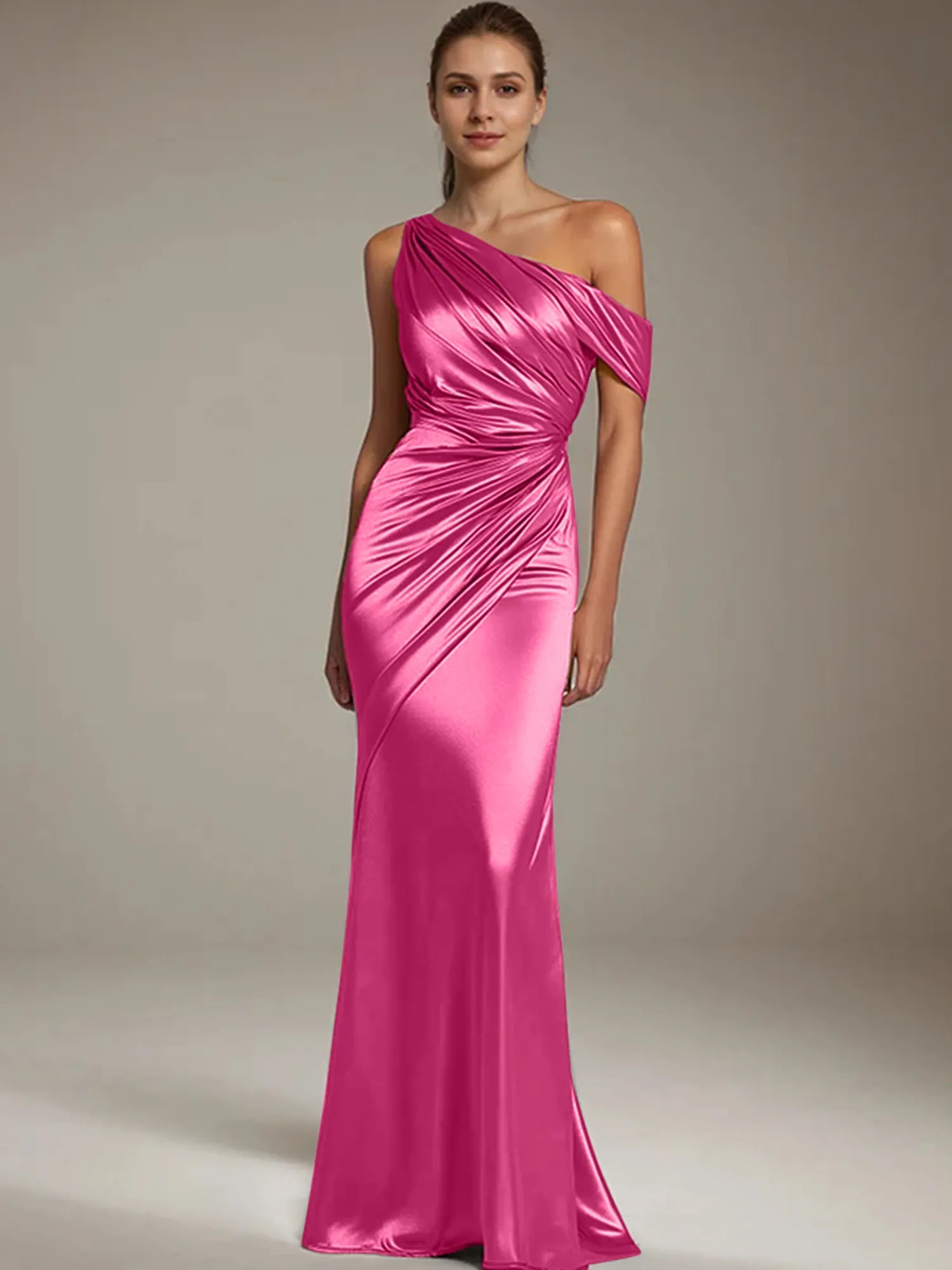 Formal Party Satin Dress Silver One-Shoulder Pleated  Floor-Length Dress