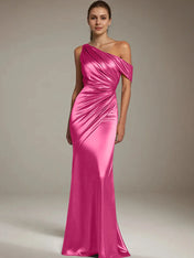 Formal Party Satin Dress Silver One-Shoulder Pleated  Floor-Length Dress