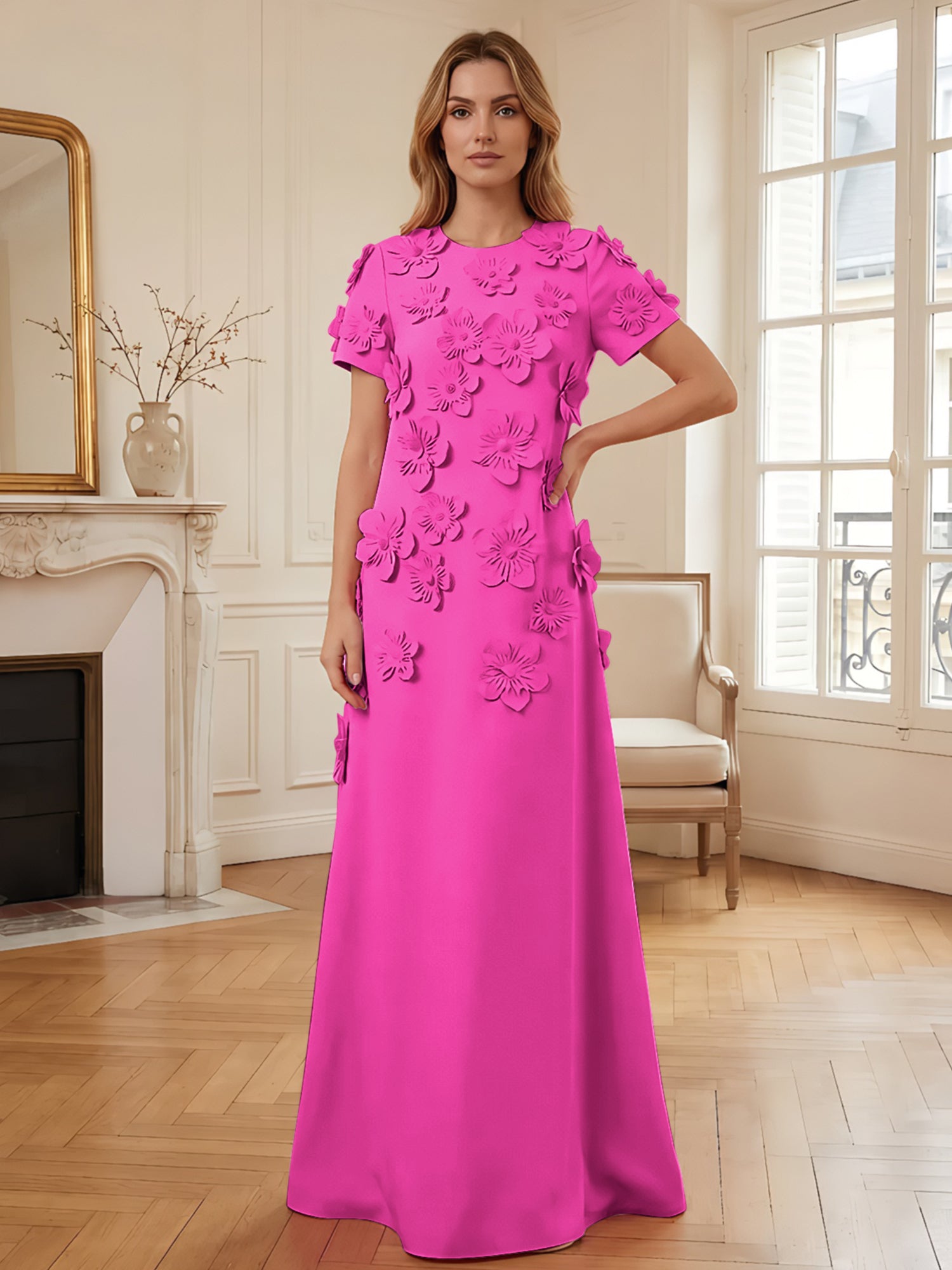 Short Sleeve Crew Neck A-Line Gown with 3D Floral Appliques Evening Dresses