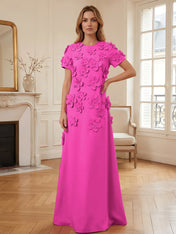 Short Sleeve Crew Neck A-Line Gown with 3D Floral Appliques Evening Dresses