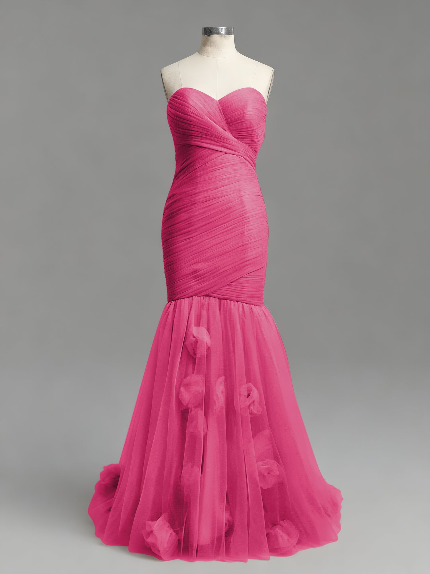 Dusty Rose Mermaid Strapless Ruched Tulle Prom Dress with 3D Floral