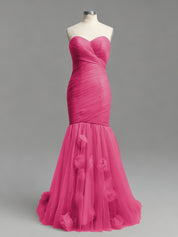 Dusty Rose Mermaid Strapless Ruched Tulle Prom Dress with 3D Floral