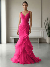 Mauve Folds Tulle Strapless Sleeveless Mermaid Gown Dress