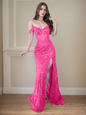 Red Off-the-Shoulder Beaded Tulle Long Prom Dress with Swirling Sequins