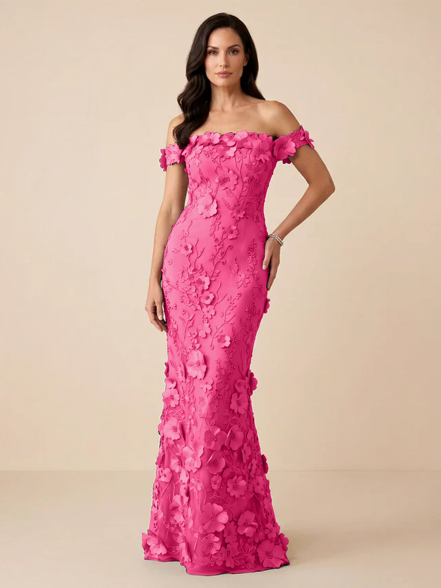 Black Off-the-Shoulder 3D Floral Mermaid Formal Gown Evening Dress