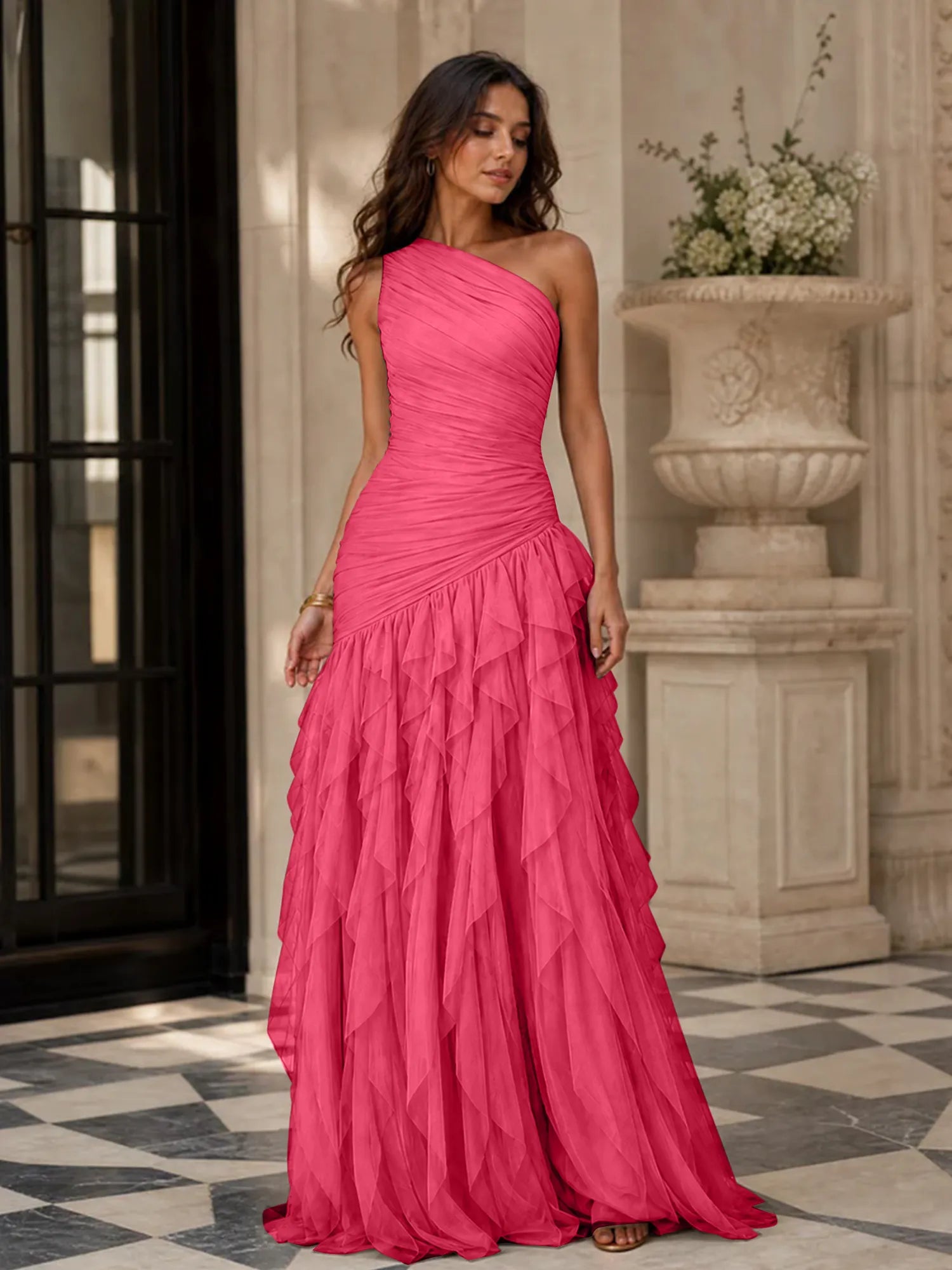 Emerald Green One-Shoulder Ruched Asymmetric Ruffle Chiffon Floor-Length Gown Dress
