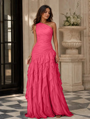 Emerald Green One-Shoulder Ruched Asymmetric Ruffle Chiffon Floor-Length Gown Dress