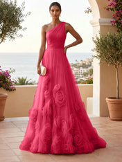One-Shoulder Sweetheart Tulle Ball Gown with 3D Floral Accents Evening Dresses