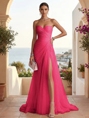 Strapless Sweetheart High Slit Tulle Pleat Prom Dress Evening Dresses